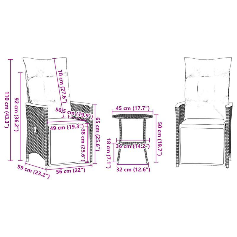 vidaXL 3 Piece Bistro Set with Cushions Black Poly Rattan