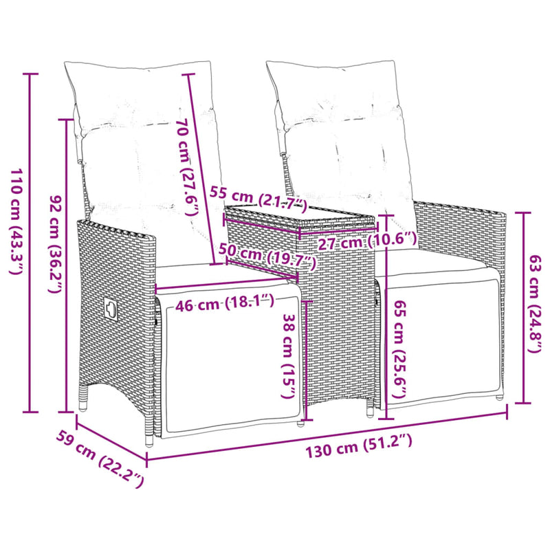 vidaXL Reclining Garden Sofa 2-Seater with Table Grey Poly Rattan