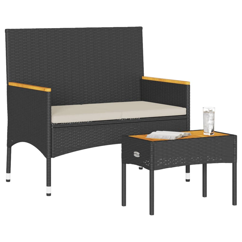 vidaXL Garden Bench 2-Seater with Cushions and Table Black Poly Rattan