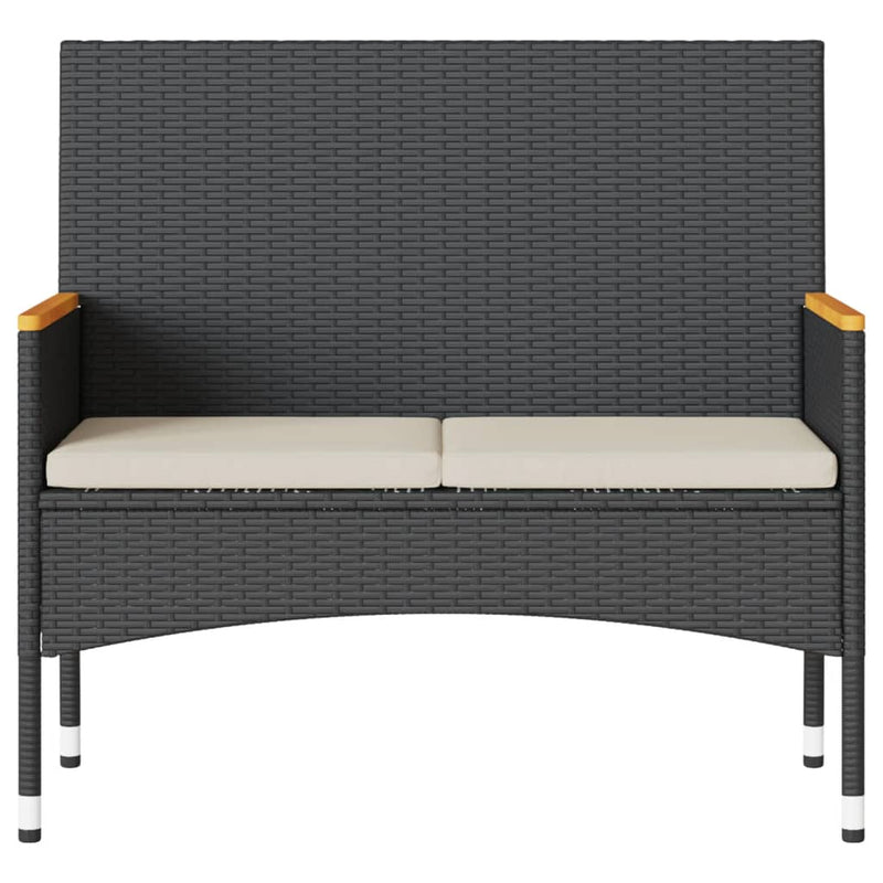 vidaXL Garden Bench 2-Seater with Cushions and Table Black Poly Rattan