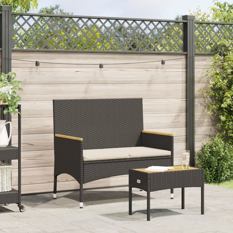 vidaXL Garden Bench 2-Seater with Cushions and Table Black Poly Rattan