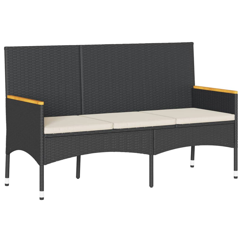 vidaXL Garden Bench 3-Seater with Cushions Black Poly Rattan