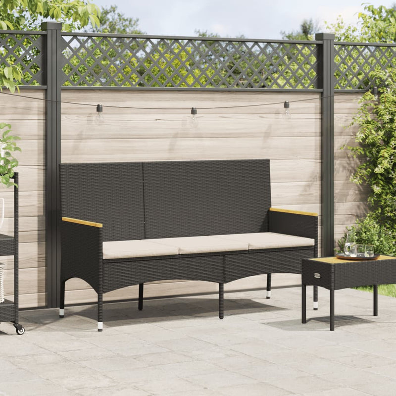 vidaXL Garden Bench 3-Seater with Cushions Black Poly Rattan
