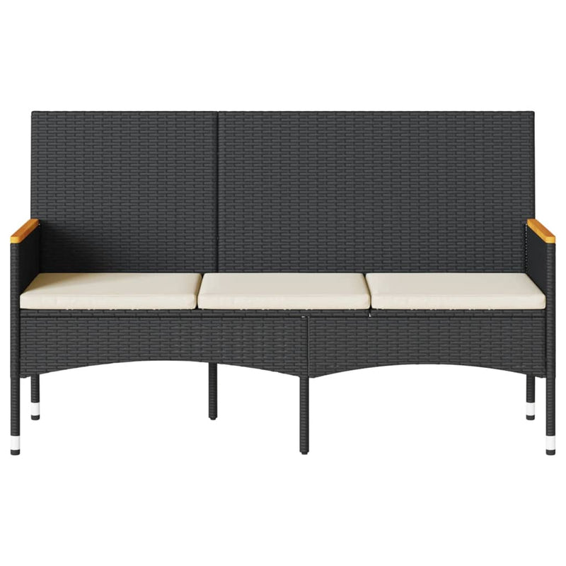vidaXL Garden Bench 3-Seater with Cushions Black Poly Rattan