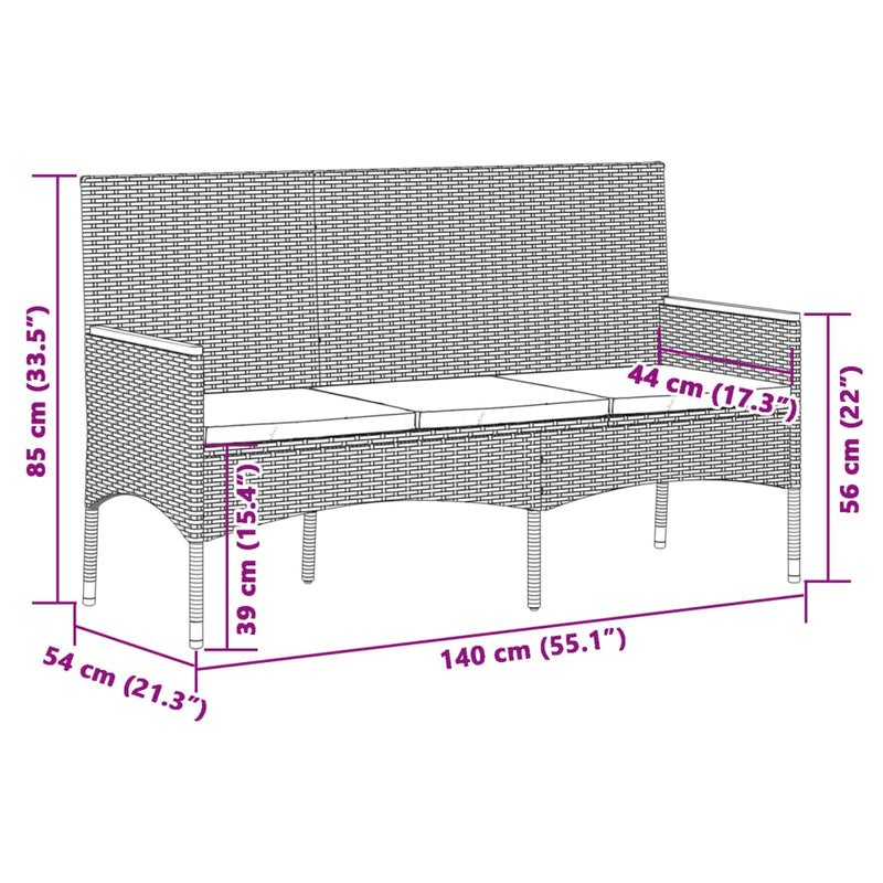 vidaXL Garden Bench 3-Seater with Cushions Black Poly Rattan