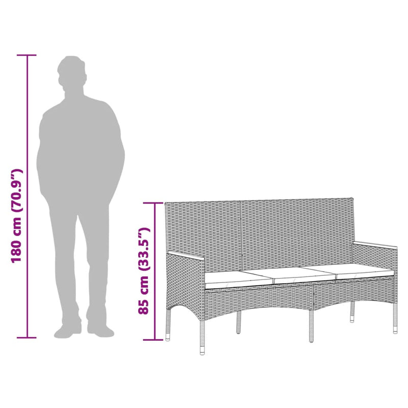 vidaXL Garden Bench 3-Seater with Cushions Black Poly Rattan