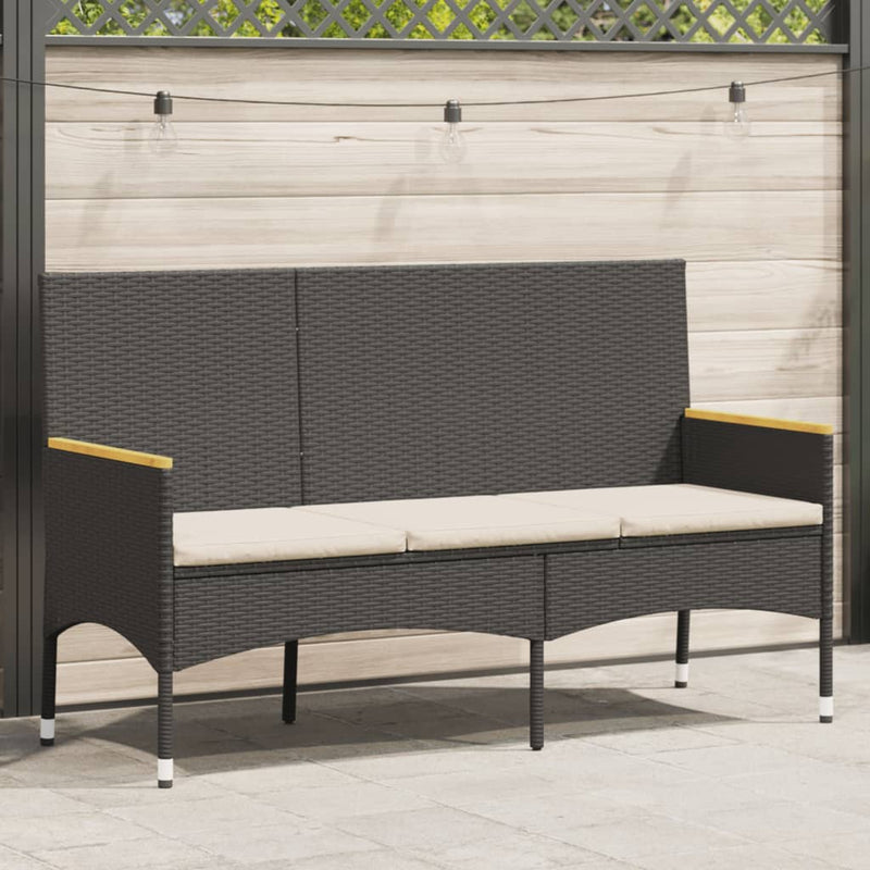 vidaXL Garden Bench 3-Seater with Cushions Black Poly Rattan