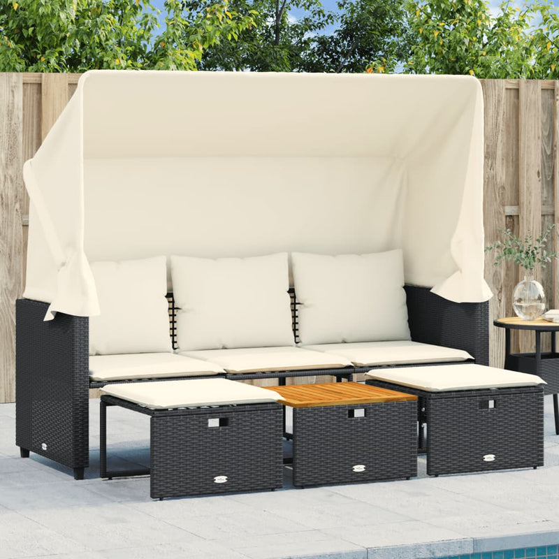 Garden Sofa 3-Seater with Canopy and Stools Black Poly Rattan