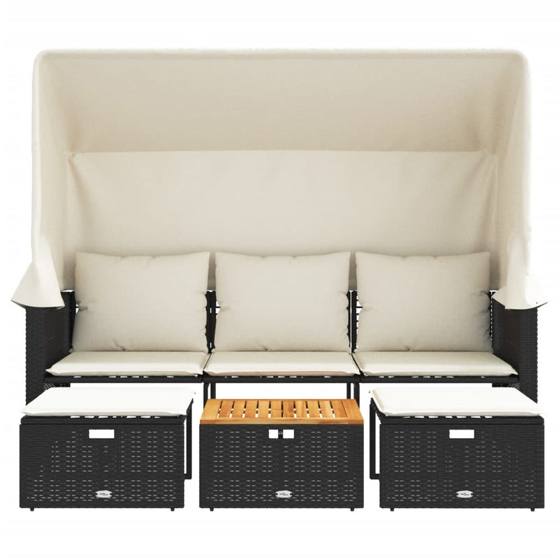 vidaXL Garden Sofa 3-Seater with Canopy and Stools Black Poly Rattan