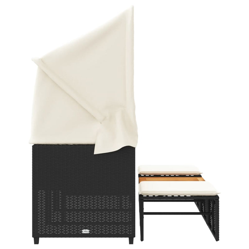 vidaXL Garden Sofa 3-Seater with Canopy and Stools Black Poly Rattan