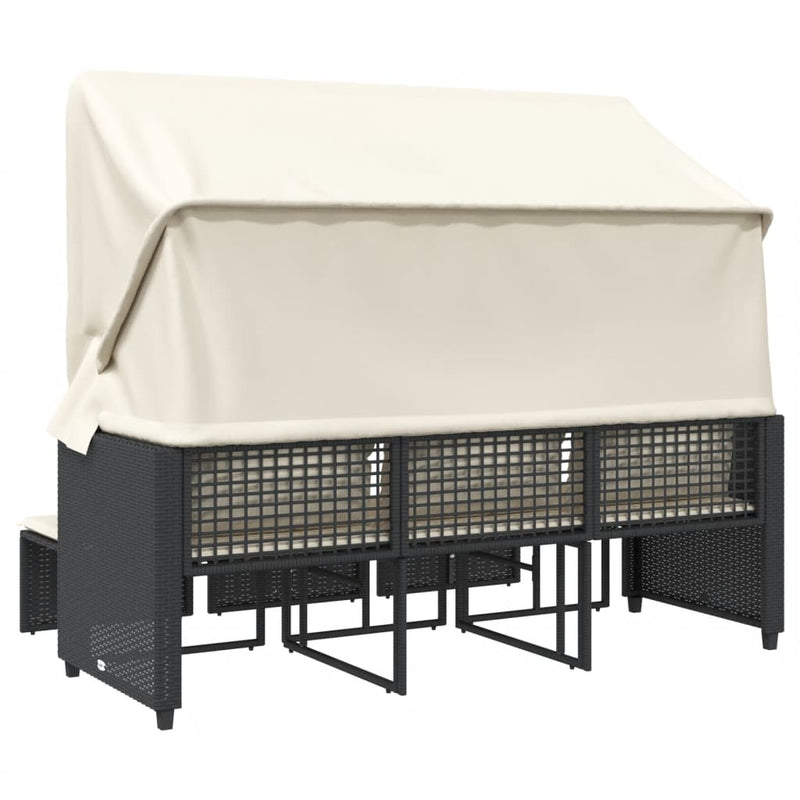 vidaXL Garden Sofa 3-Seater with Canopy and Stools Black Poly Rattan