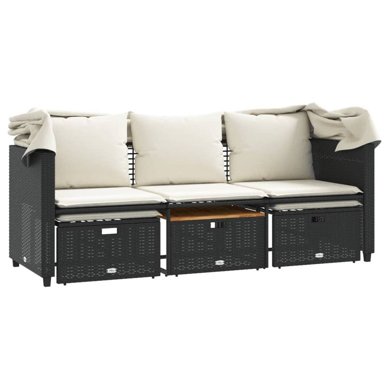 vidaXL Garden Sofa 3-Seater with Canopy and Stools Black Poly Rattan