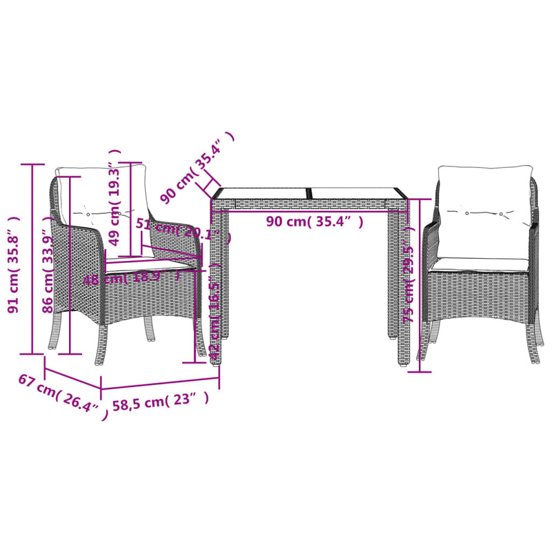 vidaXL 3 Piece Garden Dining Set with Cushions Black Poly Rattan