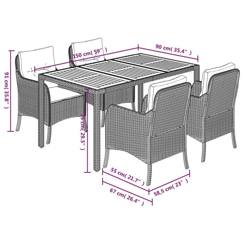 vidaXL 5 Piece Garden Dining Set with Cushions Black Poly Rattan