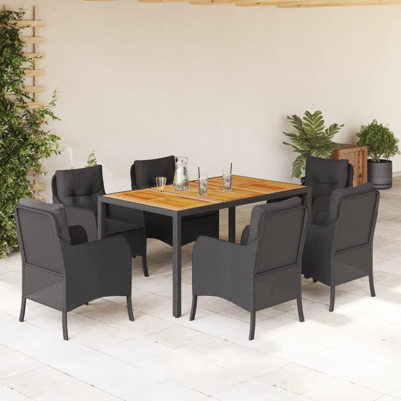 vidaXL 7 Piece Garden Dining Set with Cushions Black Poly Rattan