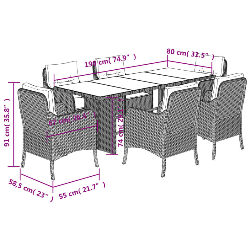 vidaXL 7 Piece Garden Dining Set with Cushions Black Poly Rattan