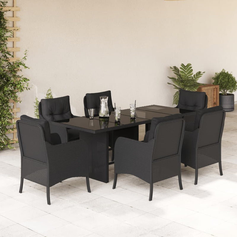 vidaXL 7 Piece Garden Dining Set with Cushions Black Poly Rattan