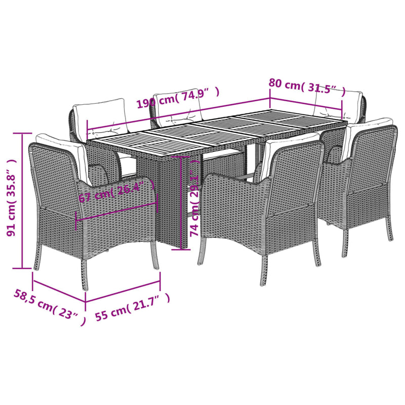 vidaXL 7 Piece Garden Dining Set with Cushions Black Poly Rattan