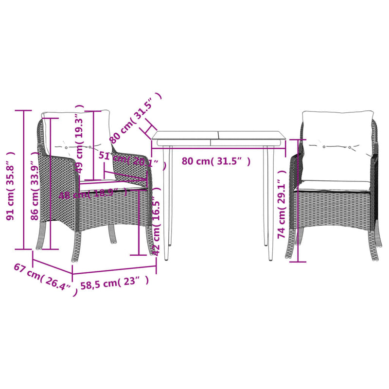 vidaXL 3 Piece Garden Dining Set with Cushions Black Poly Rattan