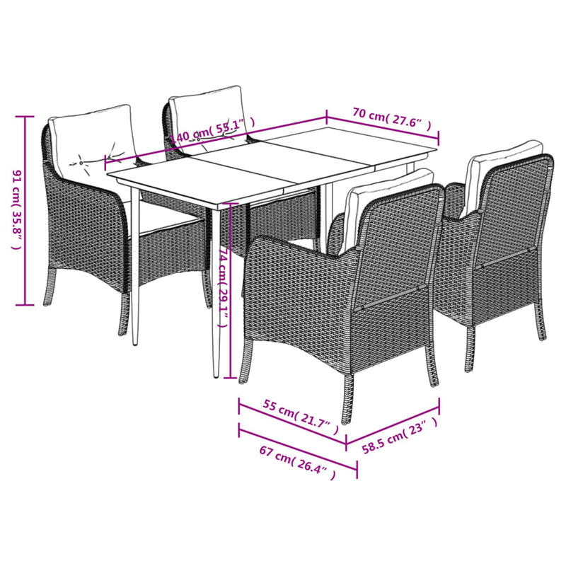 vidaXL 5 Piece Garden Dining Set with Cushions Black Poly Rattan