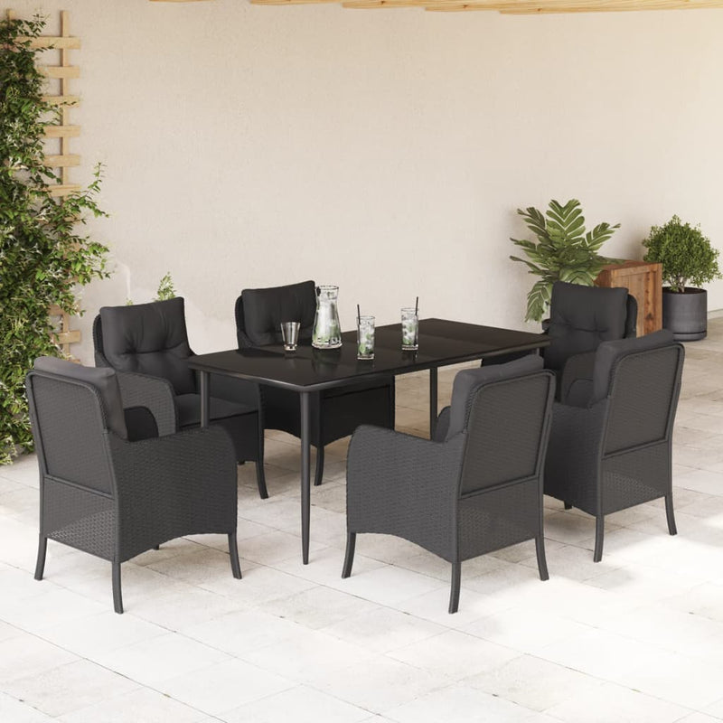 vidaXL 7 Piece Garden Dining Set with Cushions Black Poly Rattan