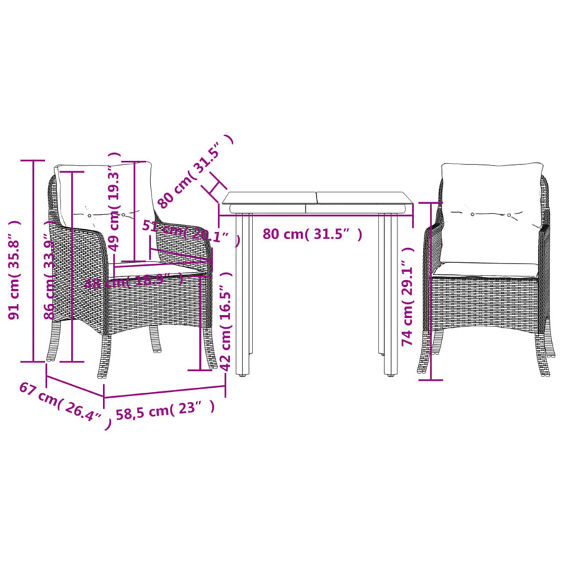 vidaXL 3 Piece Garden Dining Set with Cushions Black Poly Rattan