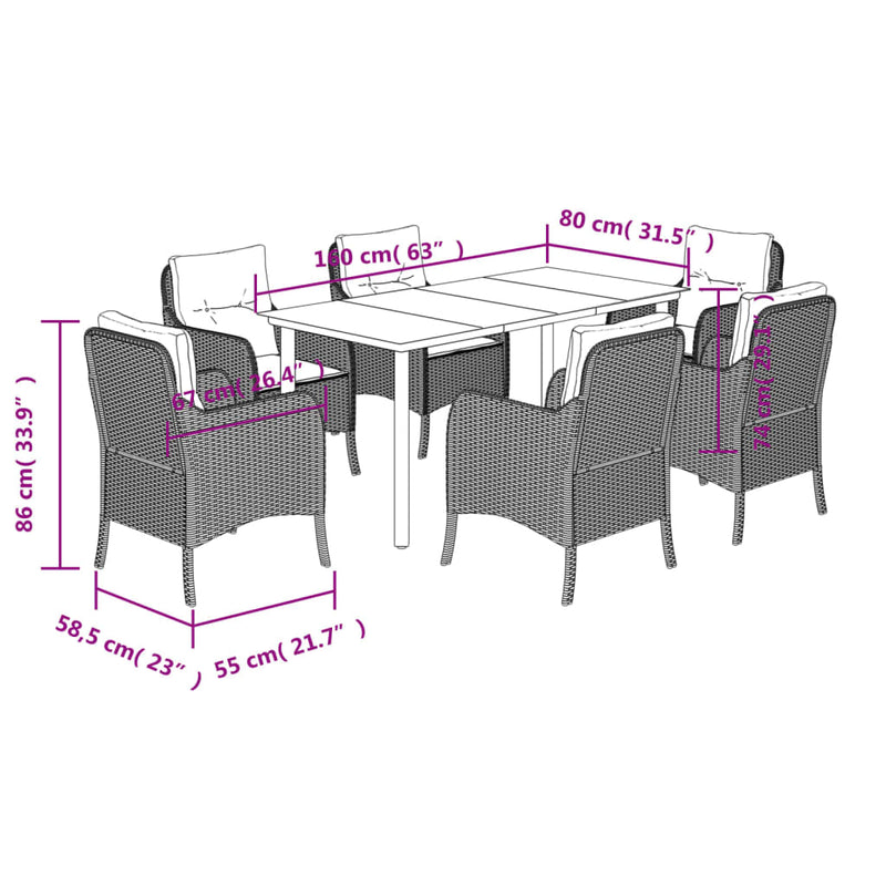 vidaXL 7 Piece Garden Dining Set with Cushions Black Poly Rattan