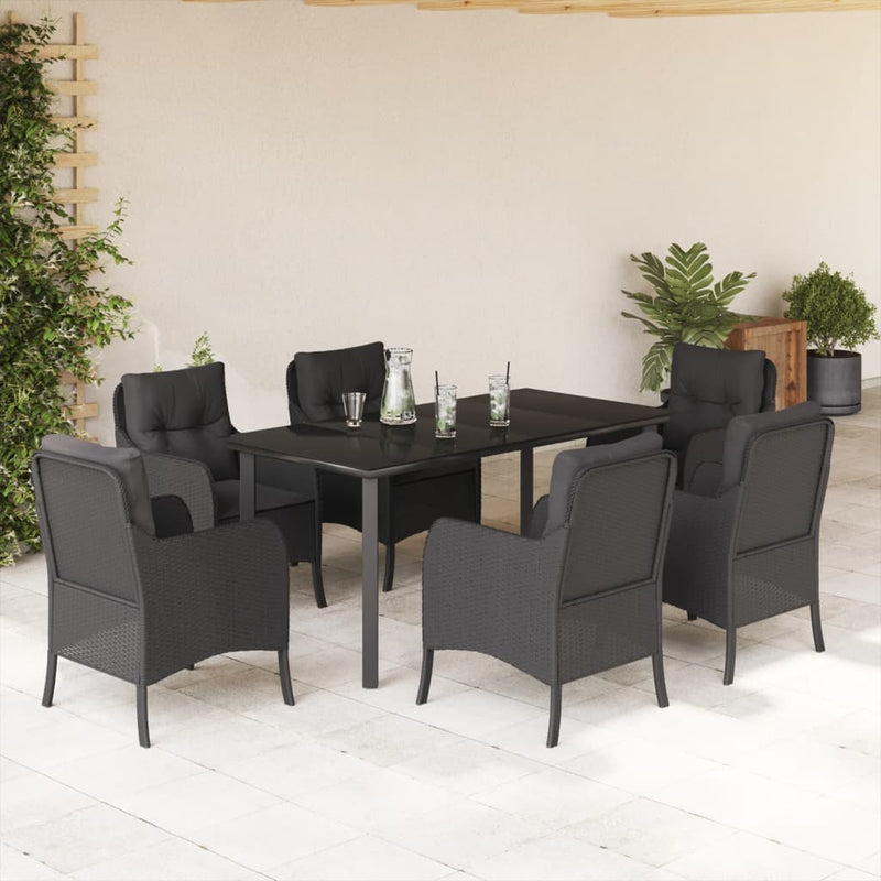 vidaXL 7 Piece Garden Dining Set with Cushions Black Poly Rattan