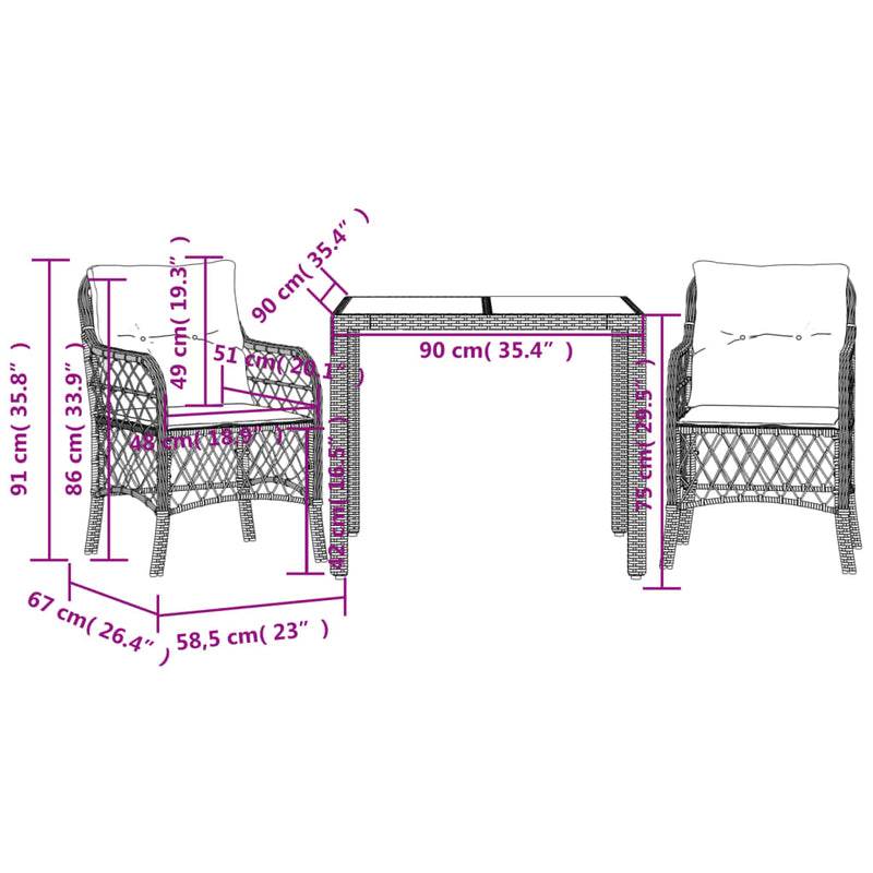 3 Piece Bistro Set with Cushions Black Poly Rattan