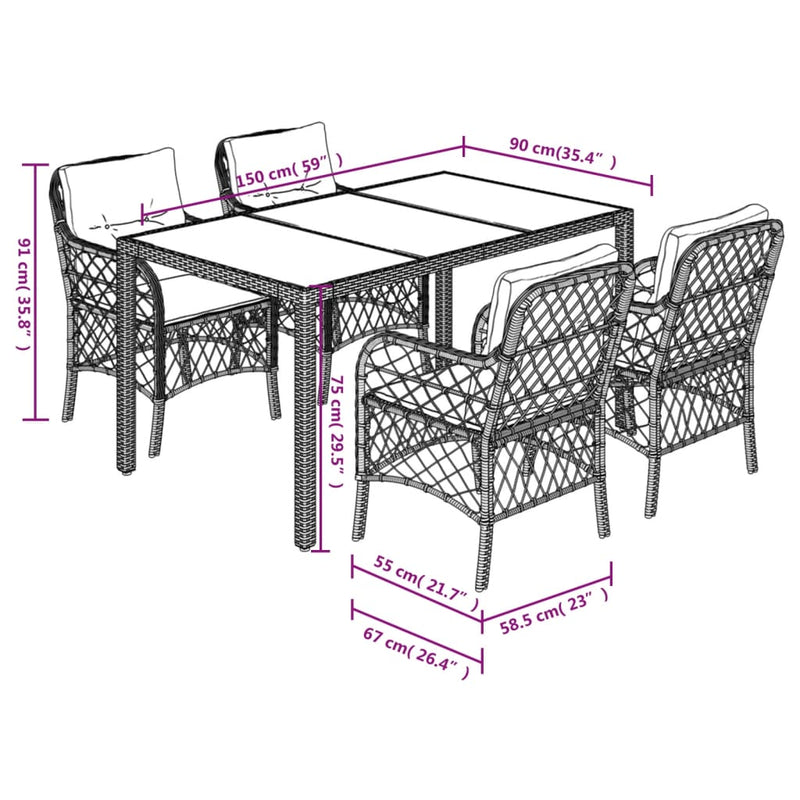 vidaXL 5 Piece Garden Dining Set with Cushions Black Poly Rattan