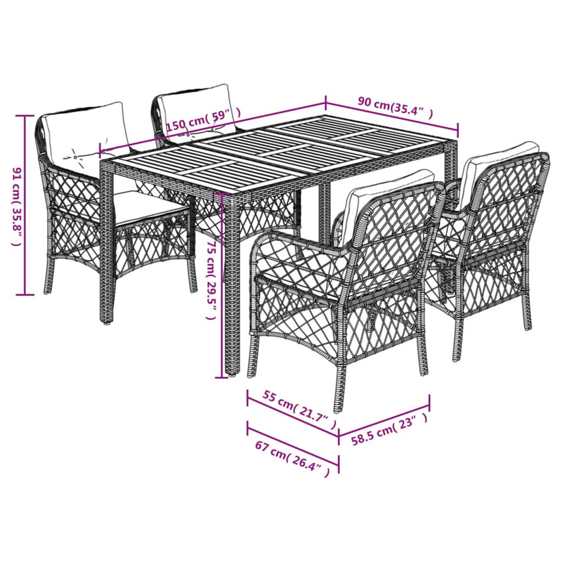 vidaXL 5 Piece Garden Dining Set with Cushions Black Poly Rattan