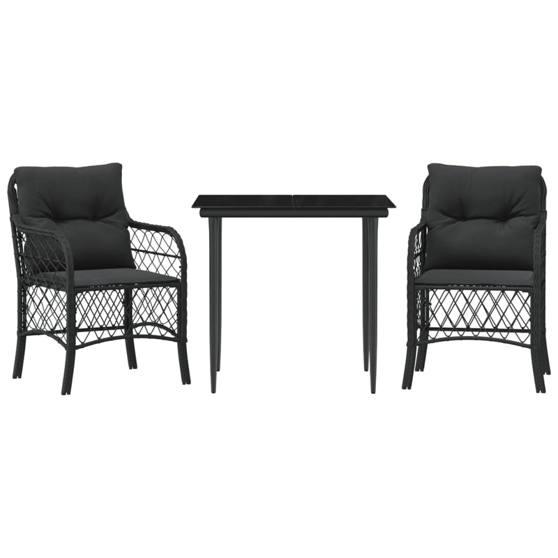 3 Piece Bistro Set with Cushions Black Poly Rattan