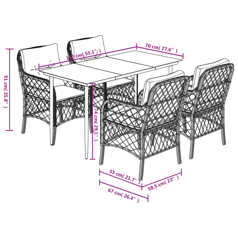 vidaXL 5 Piece Garden Dining Set with Cushions Black Poly Rattan