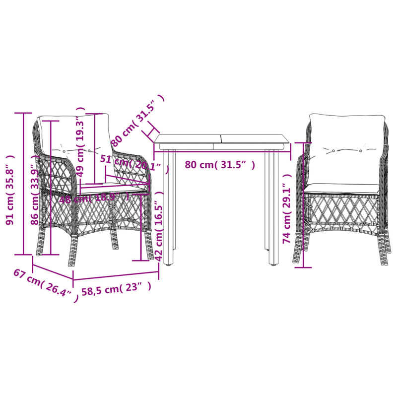 3 Piece Bistro Set with Cushions Black Poly Rattan