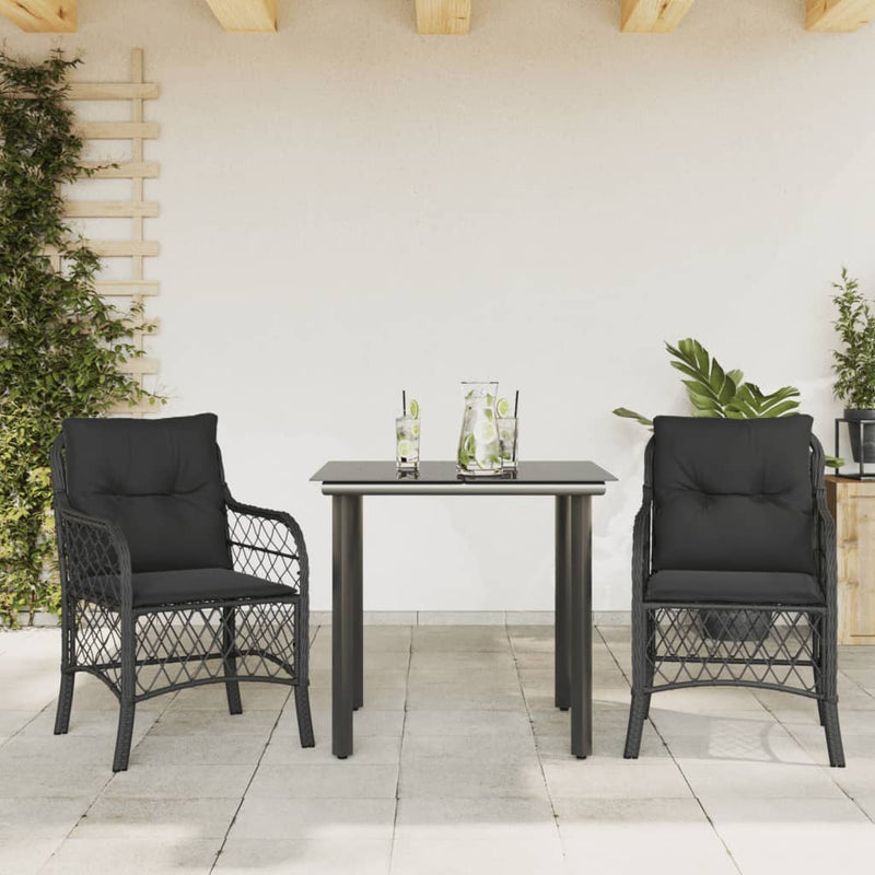 3 Piece Bistro Set with Cushions Black Poly Rattan