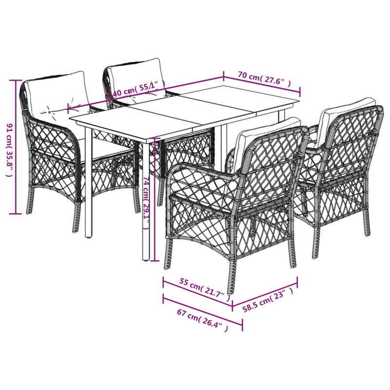 vidaXL 5 Piece Garden Dining Set with Cushions Black Poly Rattan