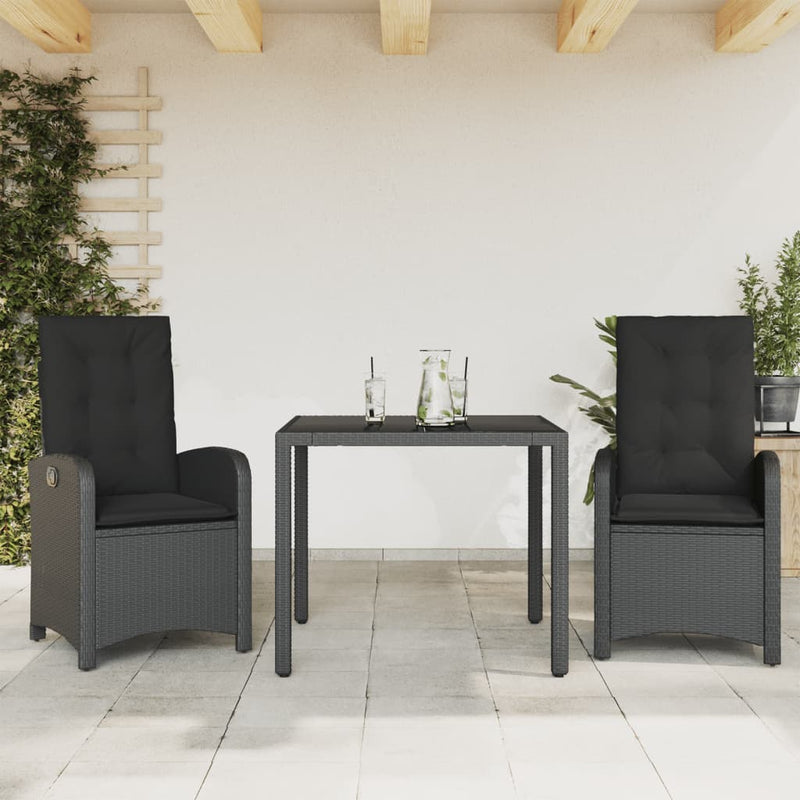 vidaXL 3 Piece Garden Dining Set with Cushions Black Poly Rattan