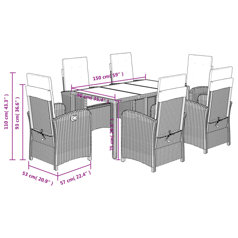 vidaXL 7 Piece Garden Dining Set with Cushions Black Poly Rattan