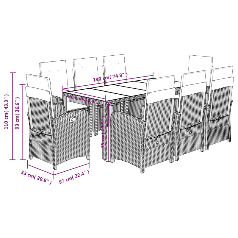 vidaXL 9 Piece Garden Dining Set with Cushions Black Poly Rattan
