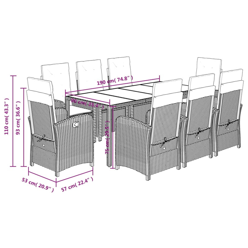 vidaXL 9 Piece Garden Dining Set with Cushions Black Poly Rattan