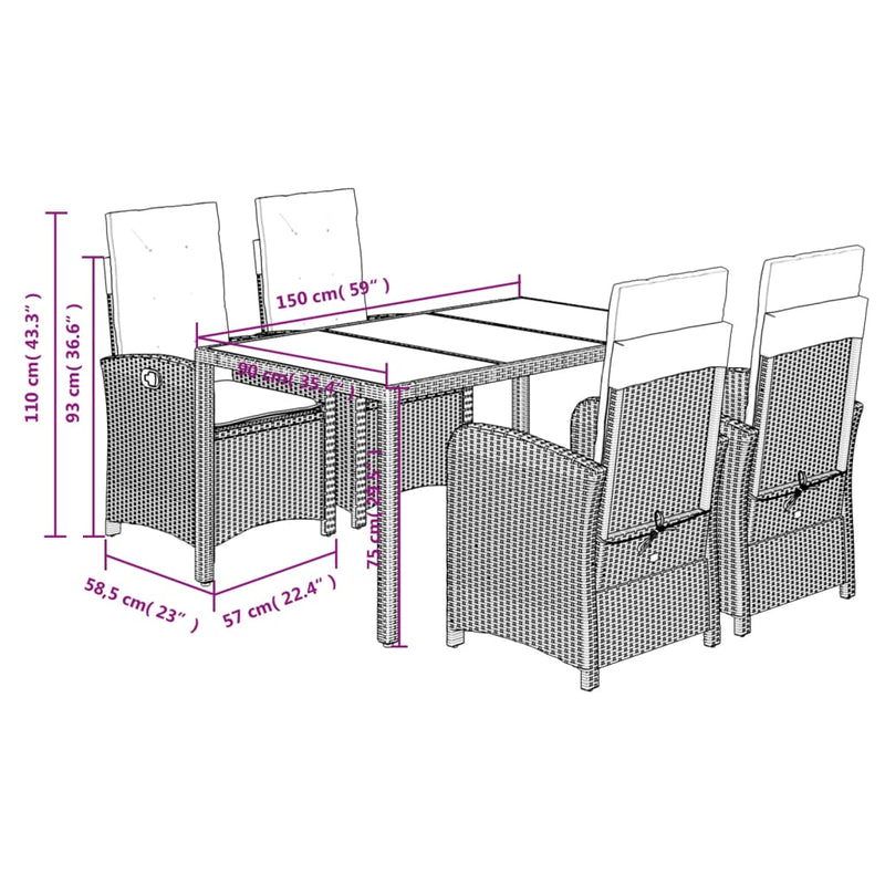 vidaXL 5 Piece Garden Dining Set with Cushions Grey Poly Rattan