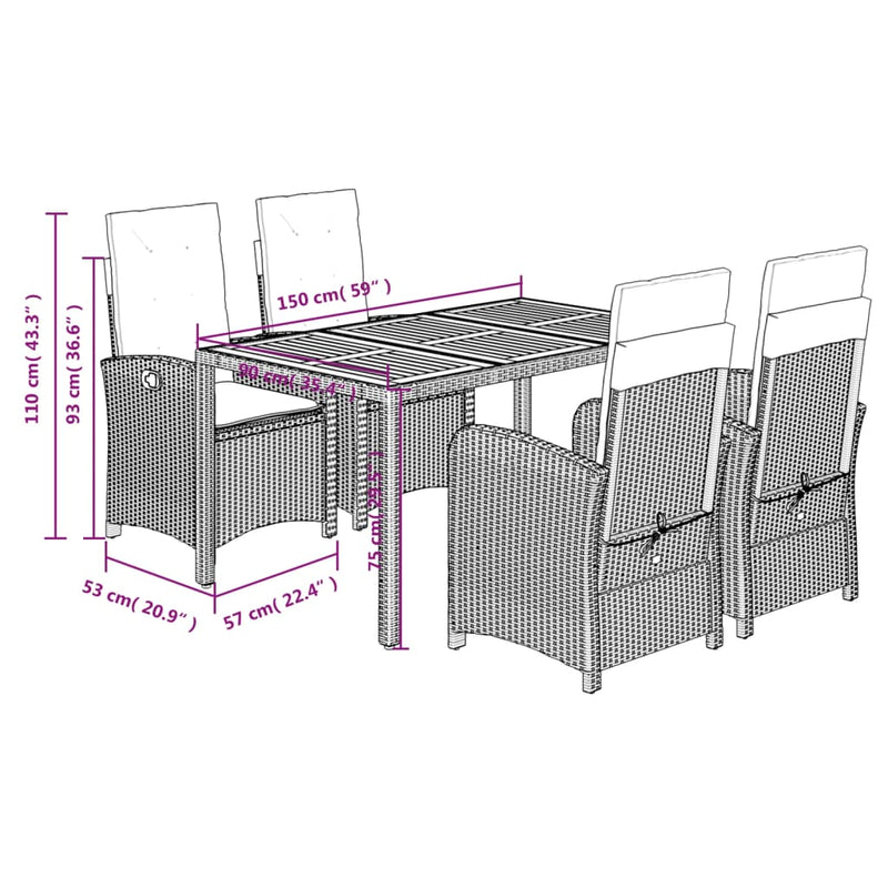vidaXL 5 Piece Garden Dining Set with Cushions Black Poly Rattan
