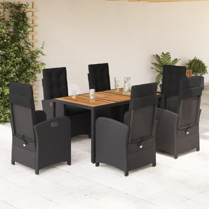 vidaXL 7 Piece Garden Dining Set with Cushions Black Poly Rattan