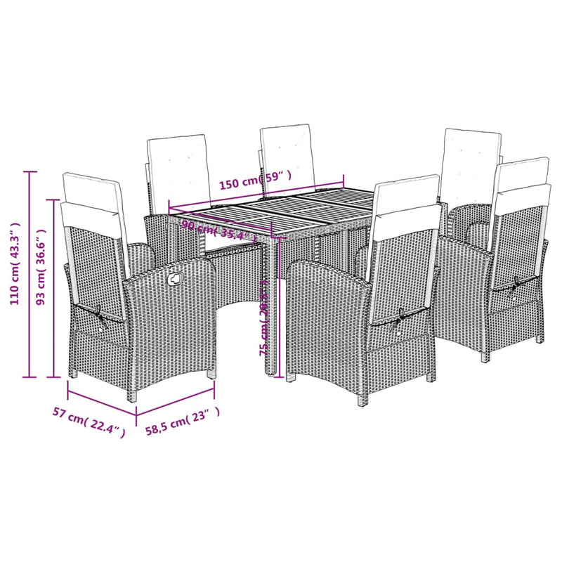 vidaXL 7 Piece Garden Dining Set with Cushions Black Poly Rattan