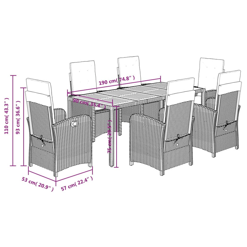 vidaXL 7 Piece Garden Dining Set with Cushions Black Poly Rattan