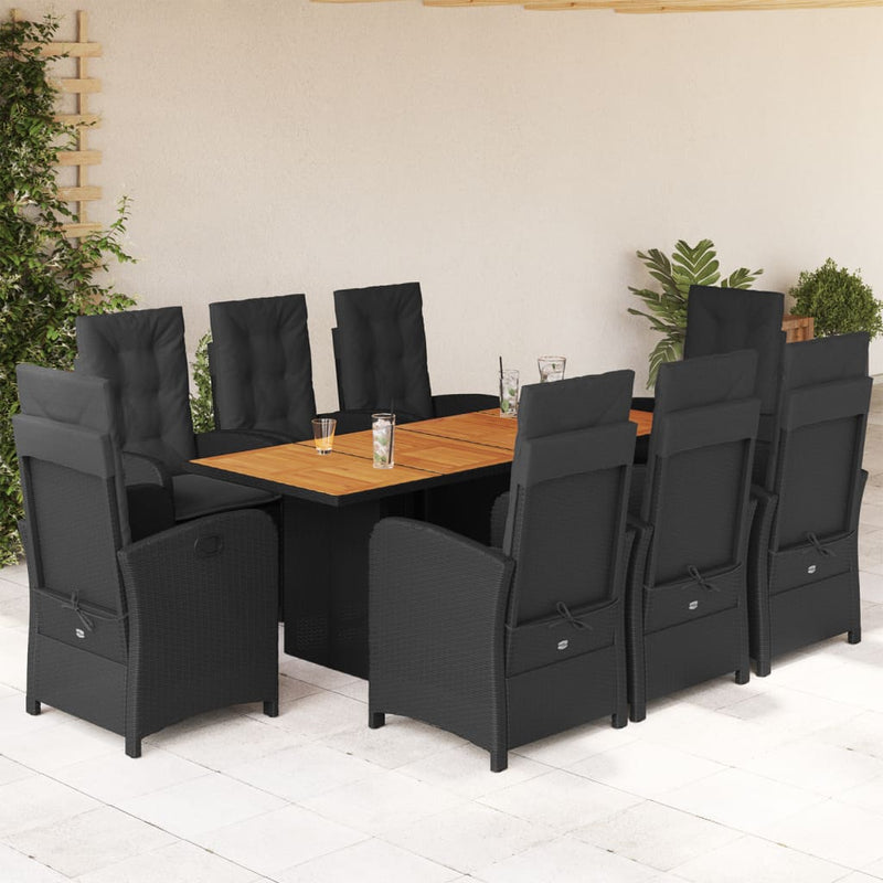 vidaXL 9 Piece Garden Dining Set with Cushions Black Poly Rattan