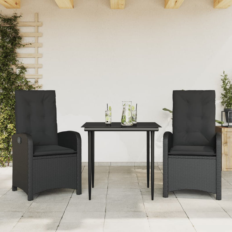 vidaXL 3 Piece Garden Dining Set with Cushions Black Poly Rattan