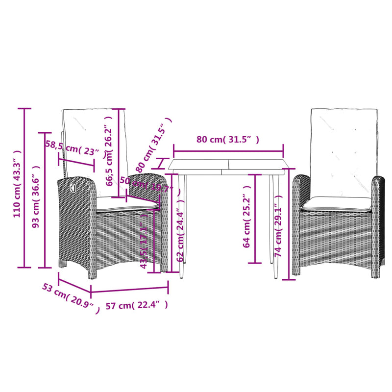 vidaXL 3 Piece Garden Dining Set with Cushions Grey Poly Rattan