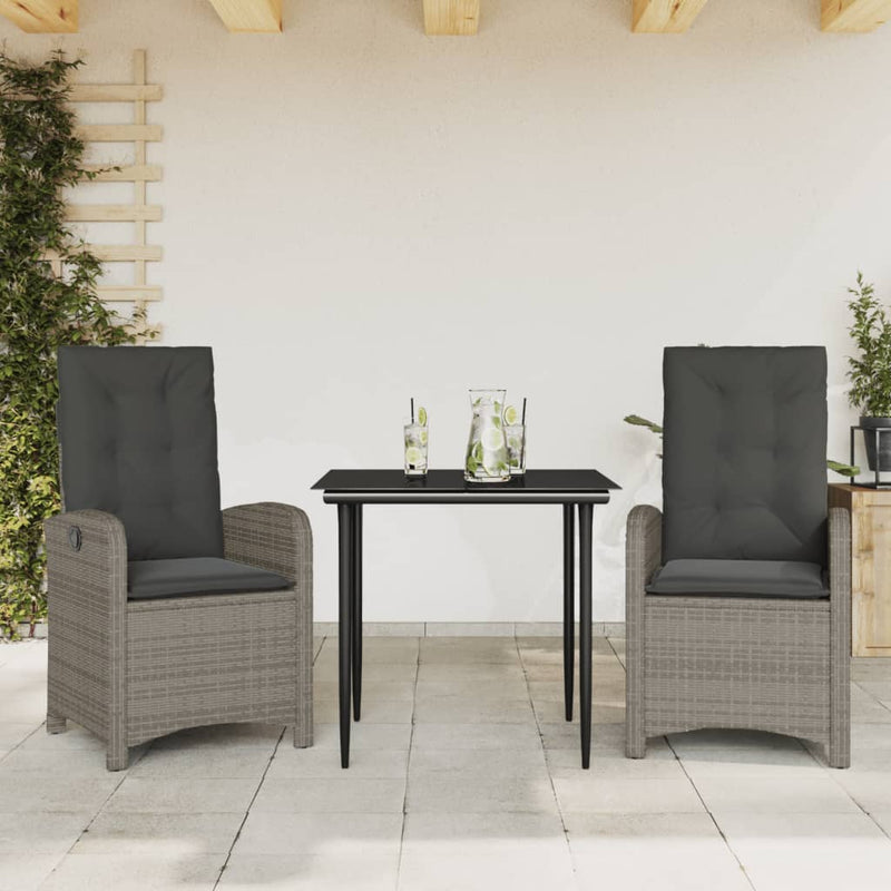 vidaXL 3 Piece Garden Dining Set with Cushions Grey Poly Rattan