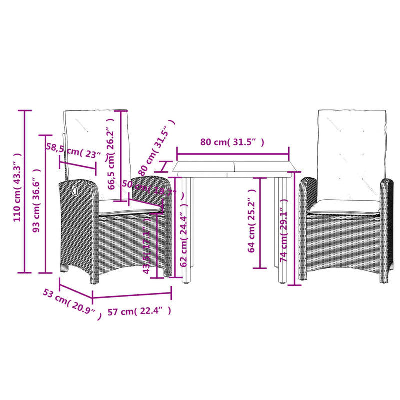 vidaXL 3 Piece Garden Dining Set with Cushions Grey Poly Rattan
